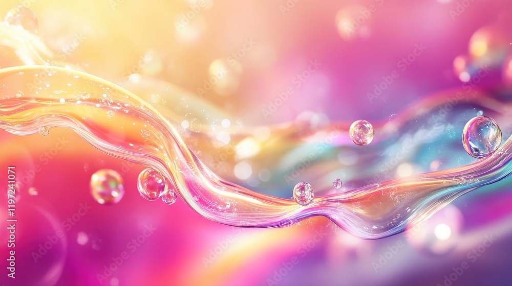 Poster colorful abstract waves with floating bubbles in a digital background for modern art and design proj