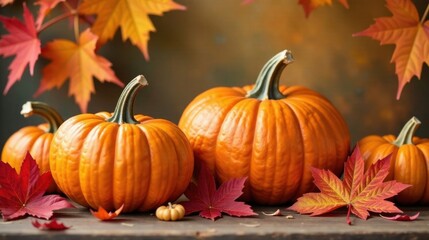 Autumnal Still Life Featuring a Trio of Vibrant Pumpkins Nestled Amongst Autumn Leaves on a Rustic Wooden Surface