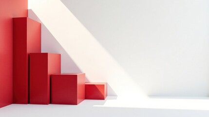 Red geometric shapes ascending against a bright white backdrop illuminated by sunlight