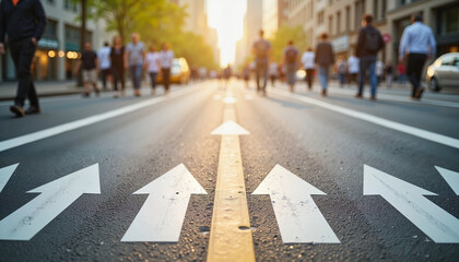 Pedestrians walking on busy urban street with arrows, social distancing - obrazy, fototapety, plakaty