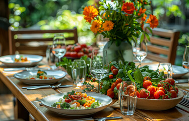 Fresh garden salad served on a beautifully set dining table