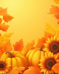 Autumn Harvest Pumpkins Sunflowers Golden Leaves Warm Background