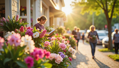 Fototapeta premium Florist preparing spring promotions outside flower shop, vibrant atmosphere