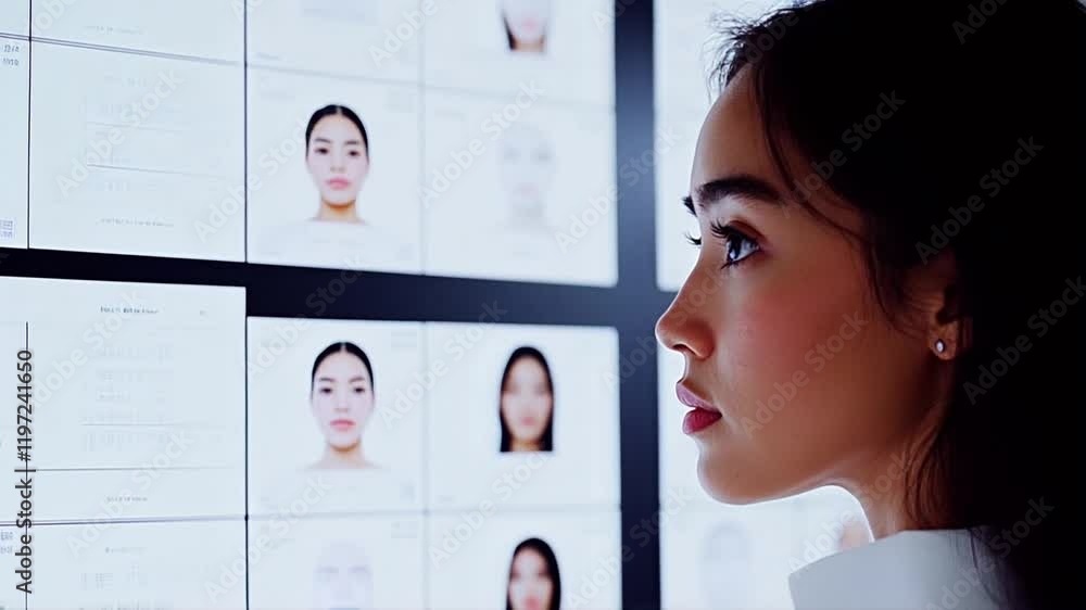 Poster woman analyzing biometric facial recognition data on digital display. ai technology and deepfake det