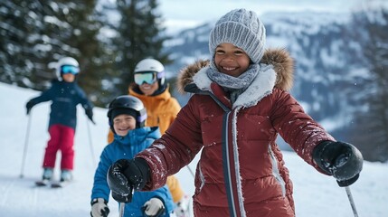 Multi-generation family skiing together, enjoying winter sports and bonding.