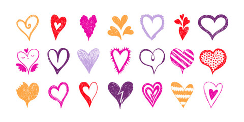 Colorful Grunge Funny Heart Icons. Cute doodle love sign isolated on white background. Scribble heart shapes drawn with pencil