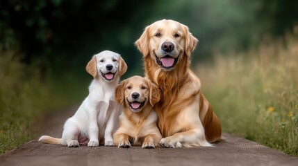 Three Playful Dogs Sitting Together on a Serene Pathway Surrounded by Lush Greenery and Vibrant Flowers in a Peaceful Natural Setting