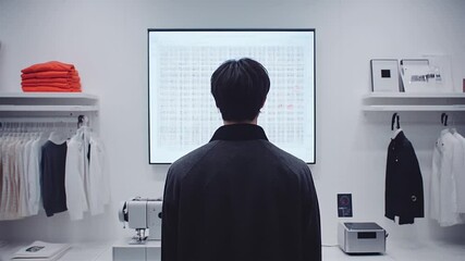 Fashion designer analyzing AI-powered data in a modern studio. Innovative tools, digital integration, and advanced design processes in the fashion industry. - Powered by Adobe