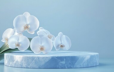 3D rendering of a marble podium with white orchid flowers on a blue background for a product presentation template, mock-up design, 