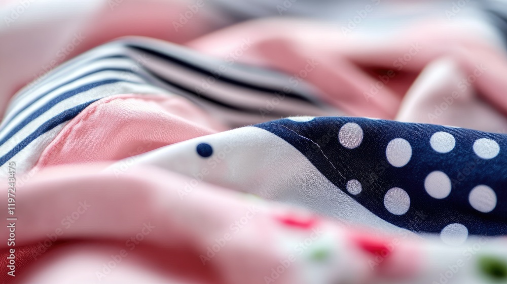 Poster close-up of colorful fabric with stripes and polka dots soft texture varied patterns in pastel color