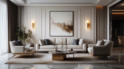 A 3D-rendered frame mockup is showcased cinematic view in a modern classic living room interior background.