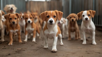 Adorable Group of Small Dogs Playfully Interacting in a Cozy Pen Surrounded by Soft Bedding and Bright Natural Light Creating a Joyful Atmosphere