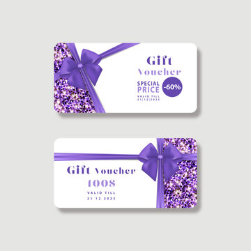 Gift card template with realistic red bow. Certificate, coupon, flyer design. Discount card for shop or boutique. Vector illustration	