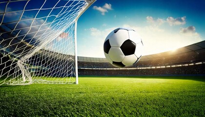 Soccer ball scores a goal at sunset in a vibrant stadium