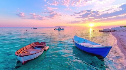 Naklejka premium Calm sunset over sea with boats. Peaceful coastal scene. Travel use