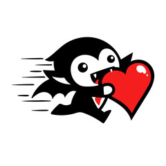 cute vampire running with a big red heart, and biting a heart, funny Valentines day mascot illustration, logo