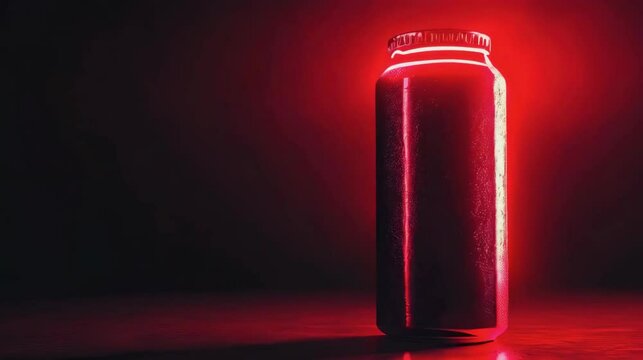 A tin bottle of energy drink illuminated by red neon light	