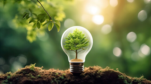 Green tree growing inside a glowing lightbulb symbolizing sustainable energy and environmental conservation