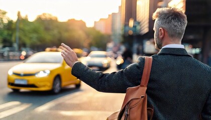 Man stops a taxi while waiting on a busy city street during sunset