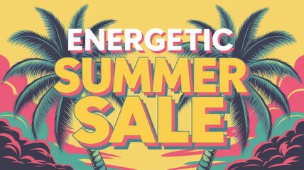 Energetic Summer Sale Block Text with Tropical Palm Trees and Bright Pop Art Colors