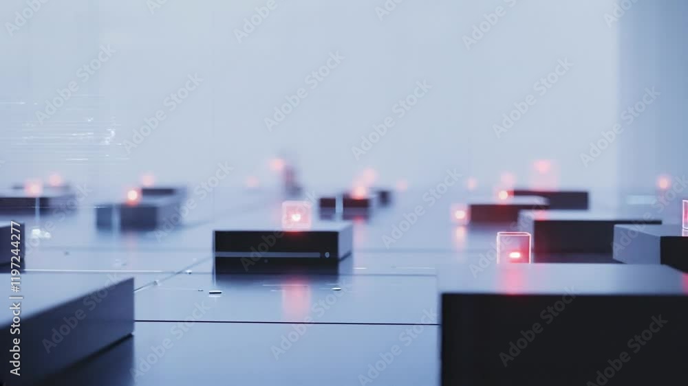 Poster futuristic workspace with illuminated cubes and ai-powered design elements. a sleek representation o