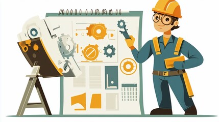 Engineer presenting machine diagram.
