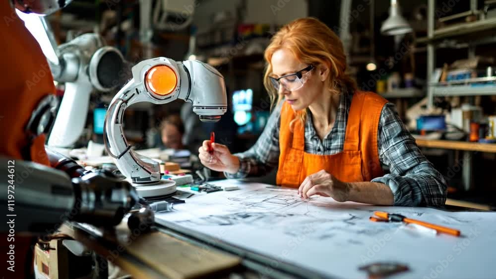 Poster engineer collaborating with robots on innovative design project. human-robot synergy in future desig