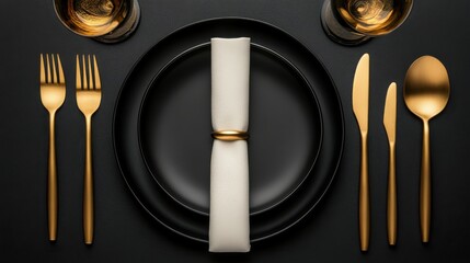 A black and white table setting with a gold napkin and silverware