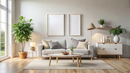 Fototapeta premium Scandinavian minimalism: a blank white panoramic frame dominates the living room mockup's wall.