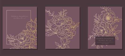 Peony Flowers Outline. Line Art Peonies. Gold Botanical Background with trendy minimalist peonies. Luxury Floral Line Art Illustration.
