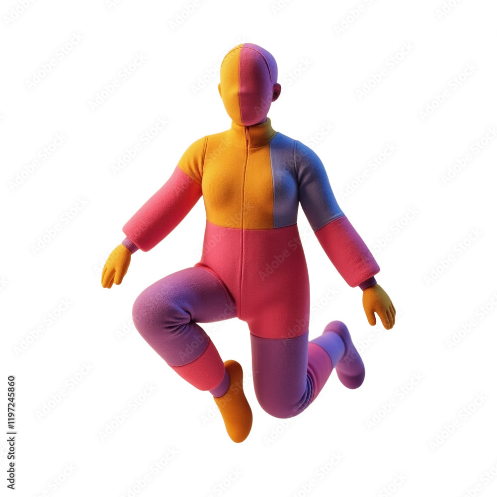 Poster colorful faceless figure in a multi-colored jumpsuit leaps dynamically against a soft background