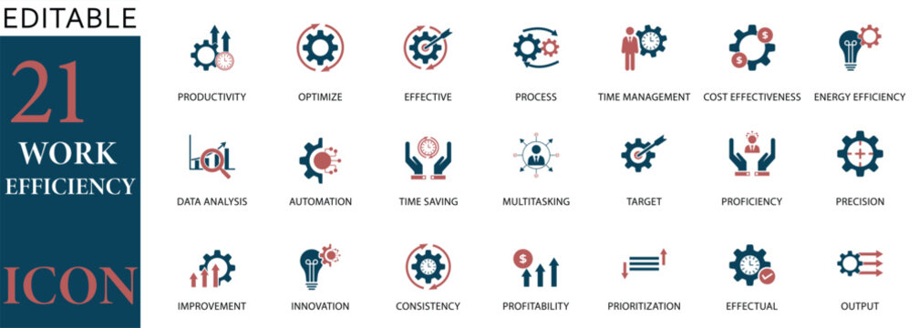 Editable vector icon set featuring 21 work efficiency symbols, including productivity, time management, automation, cost-effectiveness, and innovation. Perfect for business, workflow,  project design