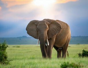 Obraz premium A majestic African elephant with large tusks stands in the lush green savanna against a blue sky backdrop.