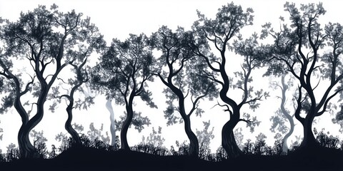Black and white silhouette of a forest with bare trees with intricate branches contrast between the dark silhouettes and the white background. Ideal for artistic projects, nature-themed designs.