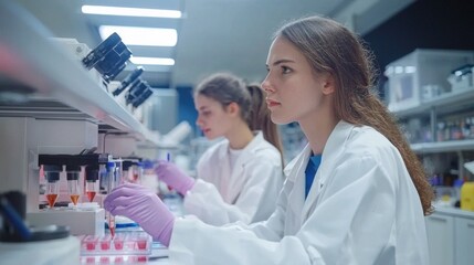 Two european female scientists are engaged in research inside a modern laboratory, focusing on their experiments with various samples.