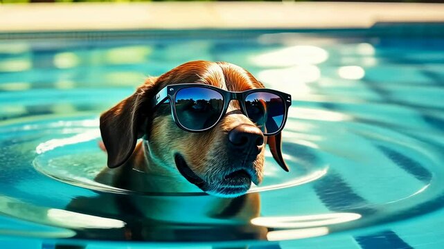Dog sunglasses swimming pool.Cool pet enjoying summer day.Luxury poolside canine leisure.Stylish animal refreshing water.Bright sunny afternoon.Trendy keeps heat.