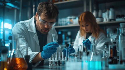 A focused european male scientist in glasses analyzes samples while a female scientist works on a different experiment in a well-equipped laboratory.