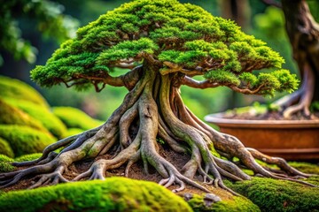 Tilt-shift photography magnifies a detailed miniature bonsai, showcasing its delicate roots and mossy clay texture.