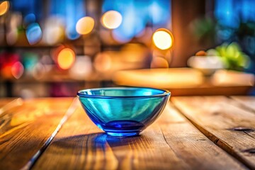 Tiny blue glass bowl, a tabletop still life, captured with tilt-shift for a miniature effect.