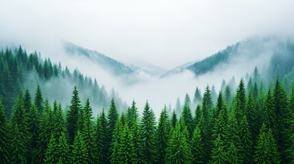Misty mountain valley with dense evergreen forest.