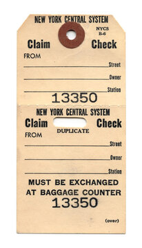 Vintage Blank Transit Railroad Baggage Claim Check Tag - Isolated on White
