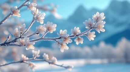 Obraz premium Frost covered blossoms on a branch with mountains in the background during a serene winter morning. Generative AI