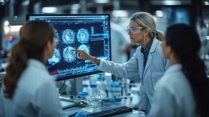 In a vibrant laboratory, an experienced scientist discusses visual data with two colleagues, showcasing teamwork and innovation in research.
