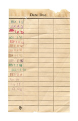 Vintage 1950s Old Worn Library Due Date Card - Isolated on White