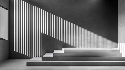 Obraz premium Minimalist grey room with sunlight and steps.