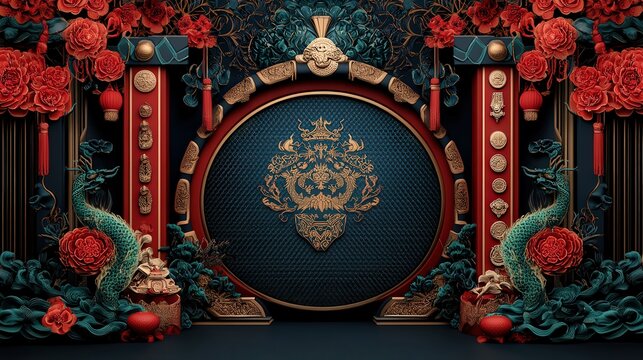 Vibrant Red and Blue Background Framed by Elegant Gold and Red Borders Creating a Bold and Eye-catching Visual Composition for Artistic Presentation