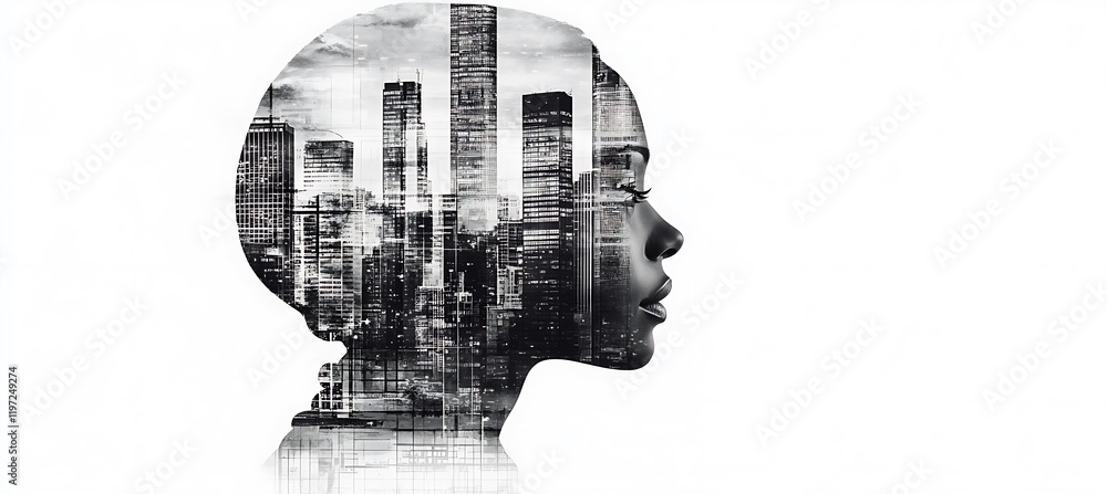 Poster a double exposure of an engineer, overlaid with the blueprint of a skyscraper, showing the inner wor