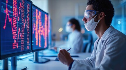 A male scientist, likely of African descent, is deeply focused on research while analyzing data on multiple screens in a laboratory setting.