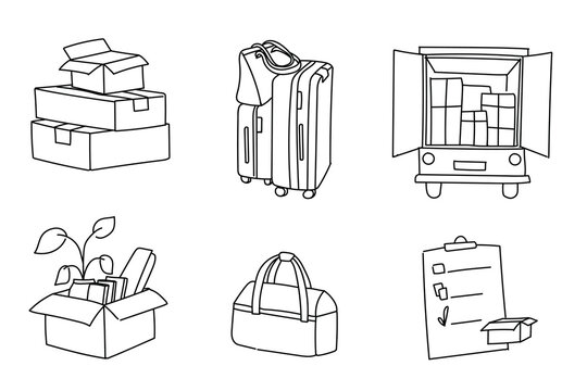 set of icons cardboard boxes in new house hand drawn doodle drawing elements vector illustrations, for website, Stuff packed in carton packages for relocation and moving