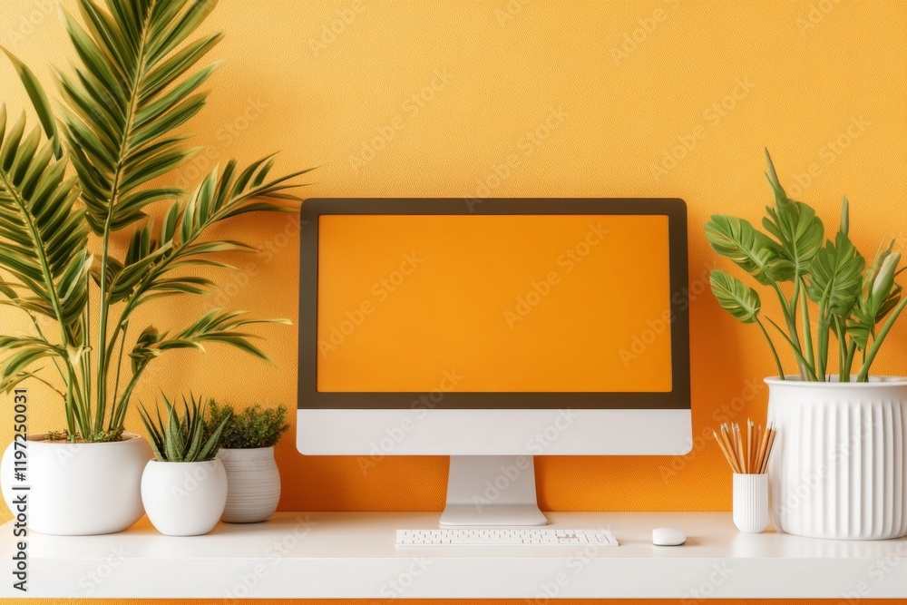 Poster a detailed render of a minimalist workspace, featuring a sleek desk, a glowing computer screen, and 